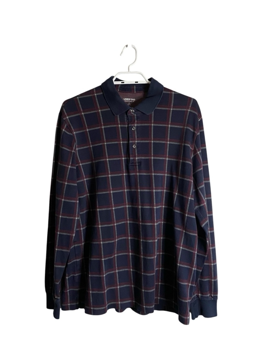 Lands' End Men's Navy Plaid Long-Sleeve Traditional Fit Polo Shirt